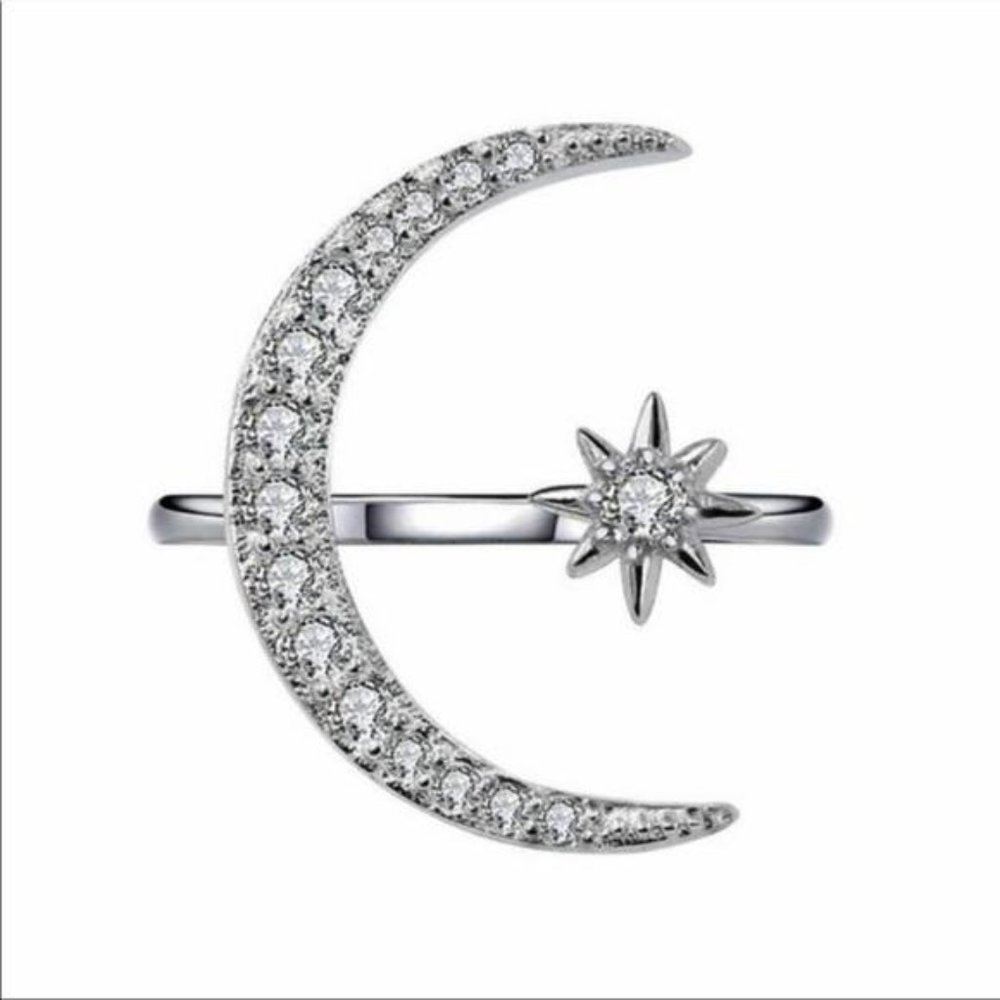 STERLING SILVER DIAMOND MOON STAR ADJUSTABLE RING - Picture 3 of 4